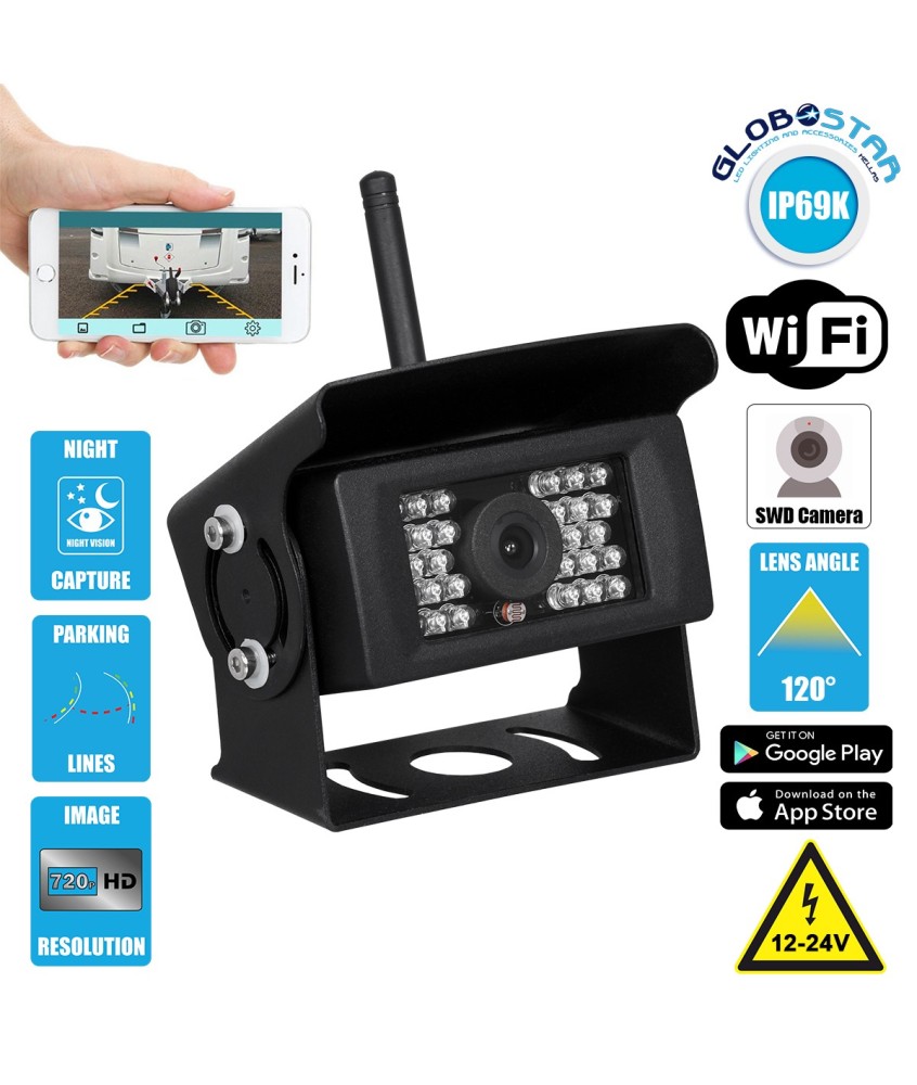 GloboStar® 86025 WiFi Έγχρωμη Κάμερα 720p SWD HD Οπισθοπορείας Αυτοκινήτου-Φορτηγού DC 12-24V 120° με Εφαρμογή APP Night Capture με Parking Lines Αδιάβροχη IP69K